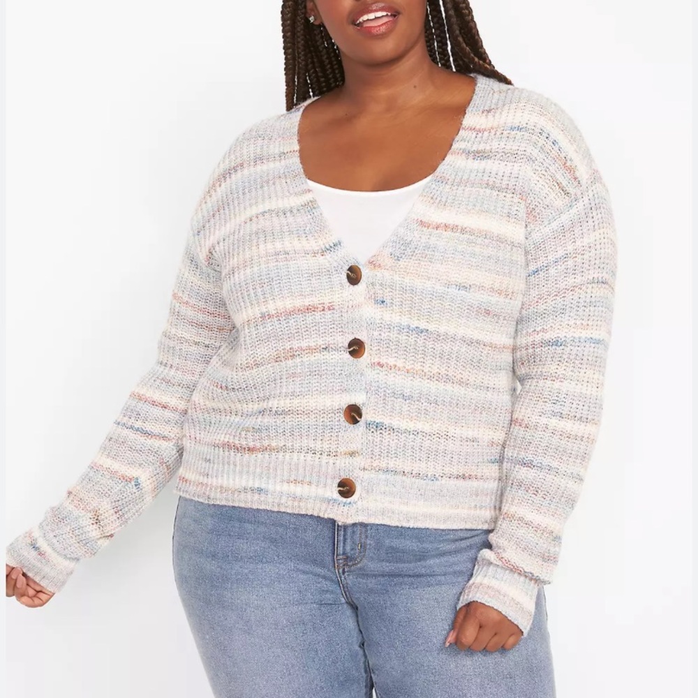 New Lane Bryant Button-Front Cropped Cardigan in Spacedye multi stripe sz 26/28